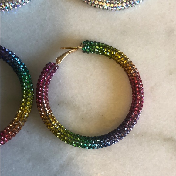 RAINBOW, SILVER, RED,GOLD RHINESTONE HOOP EARRINGS - Picture 7 of 9